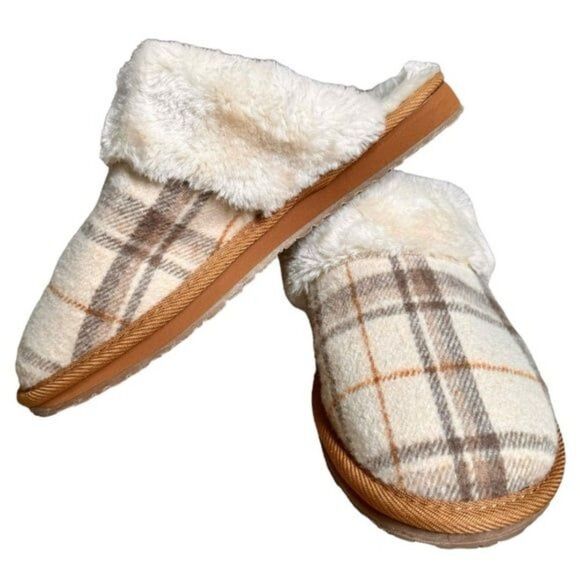 Minnetonka Shar Faux Fur Scuff Tan Brown Plaid Cozy Slip-On Slippers. 9. - Picture 1 of 7